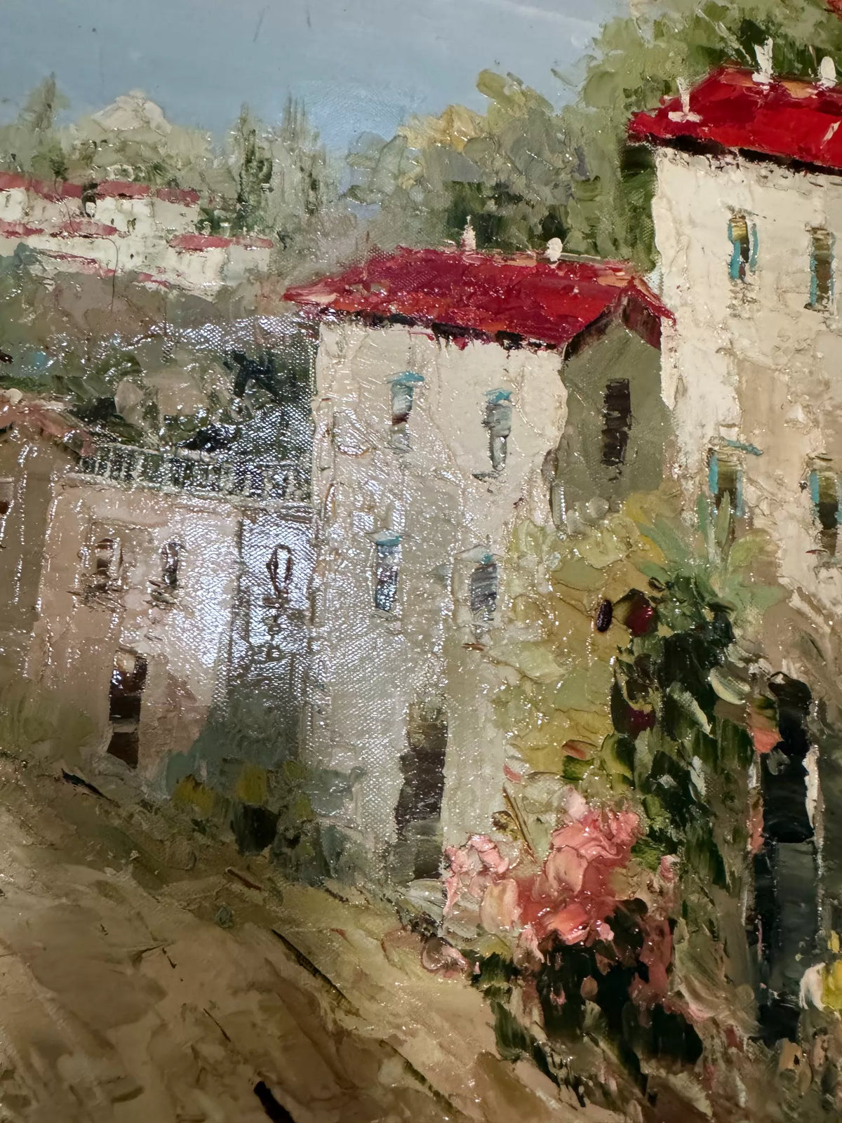 Flower-Lined Village Lane – Unframed Oil Painting