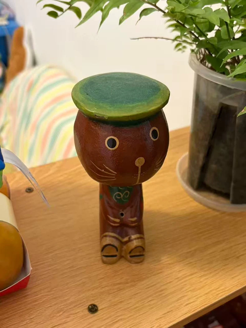 Hand-Painted Wooden Cat Figurine with Green Hat