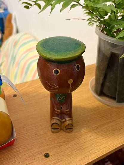 Hand-Painted Wooden Cat Figurine with Green Hat