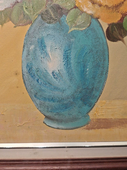 Flowers in a Blue Vase – Large Framed Oil Painting