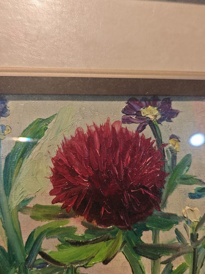 Signed Floral Painting – Wood and Glass Frame