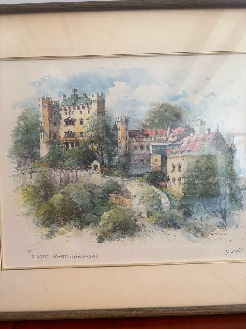 Signed Neuschwanstein Castle Watercolor Lithograph – c. 1980s
