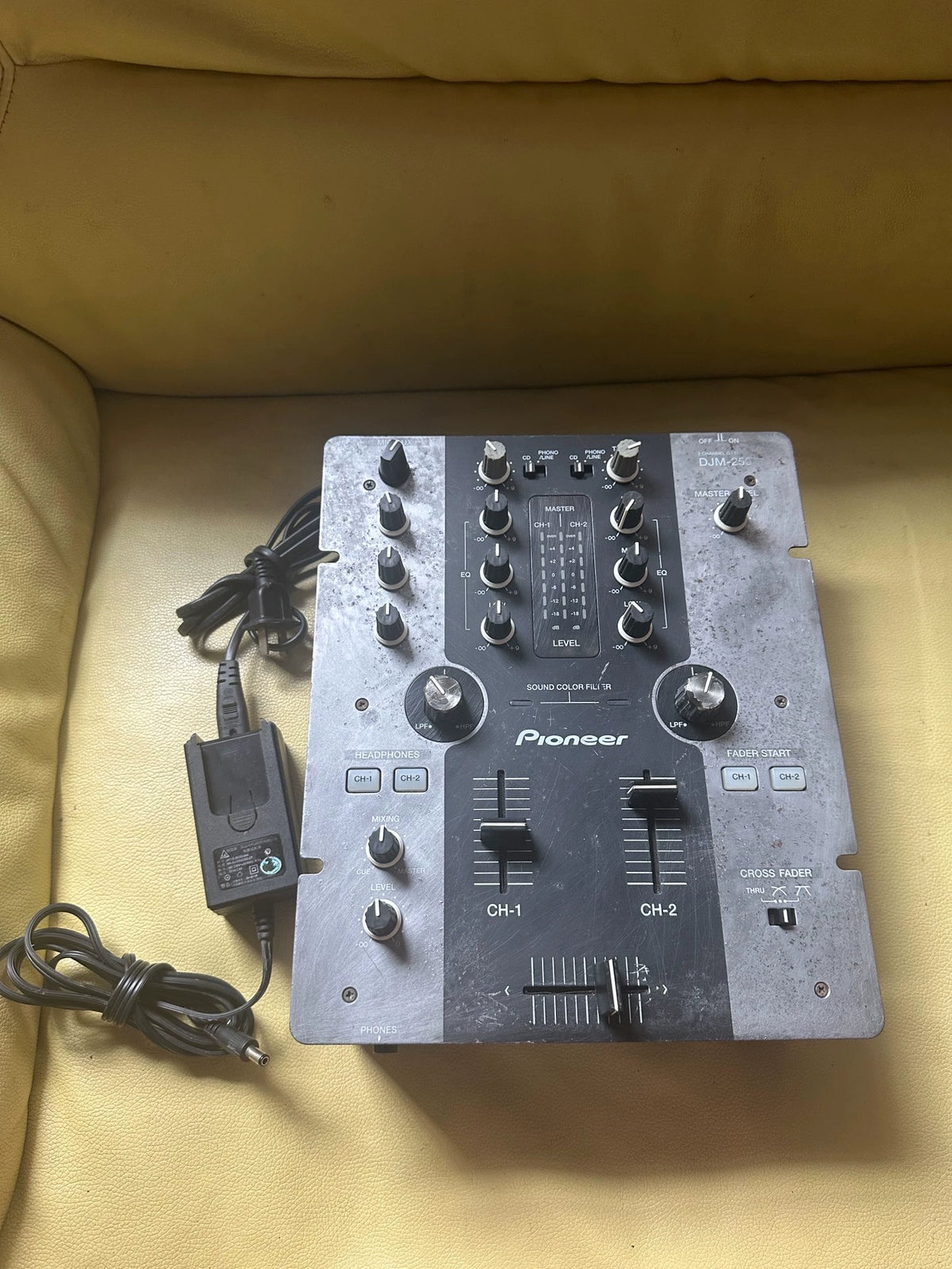 Pioneer DJM-250-K – Two-Channel DJ Mixer, Heavy Cosmetic Wear – actual item photograph 2