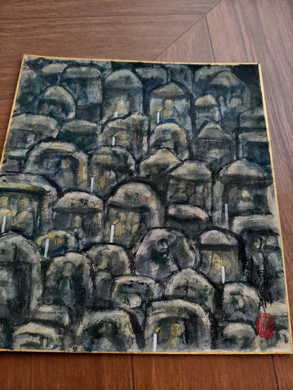 Original Cave Buddha Group Ink Painting on Card – 24 × 27 cm