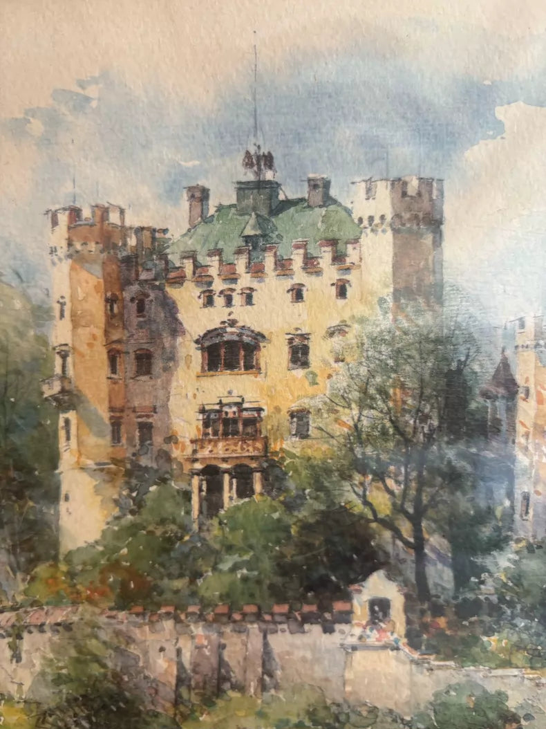 Signed Neuschwanstein Castle Watercolor Lithograph – c. 1980s