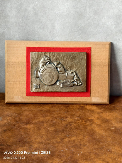 Japanese Metal Relief Plaque – Drummer Figure on Wooden Mount