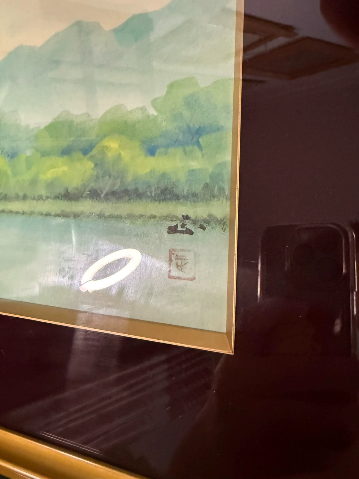 Lakeside Landscape – Japanese Print in Lacquered Wooden Frame – detail 3