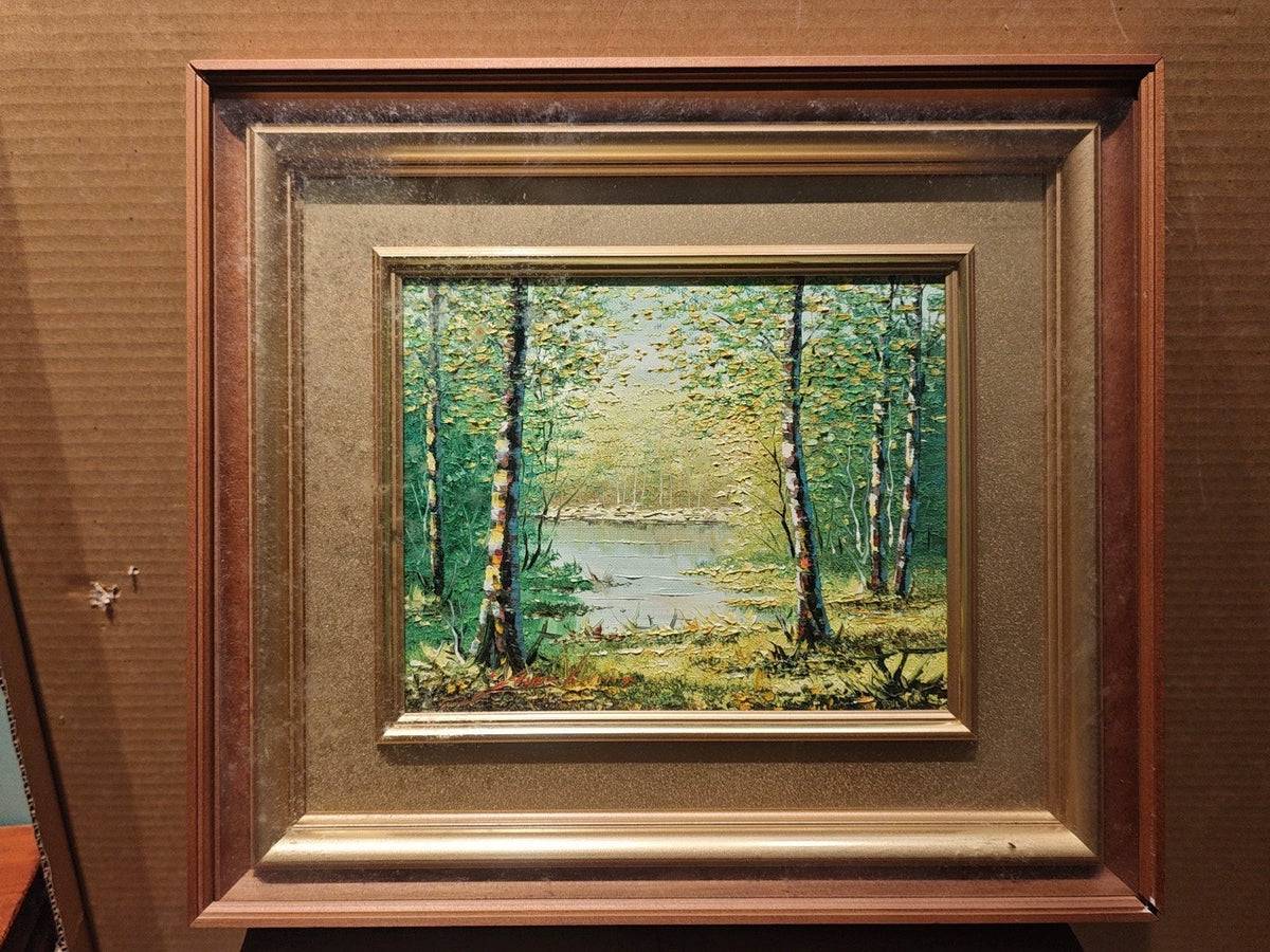 Birch Trees beside Water – Framed Oil Painting