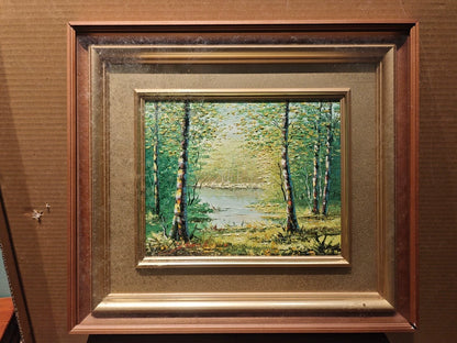 Birch Trees beside Water – Framed Oil Painting