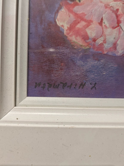 Pink Roses – Framed Oil Painting, Hiramatsu Inscription