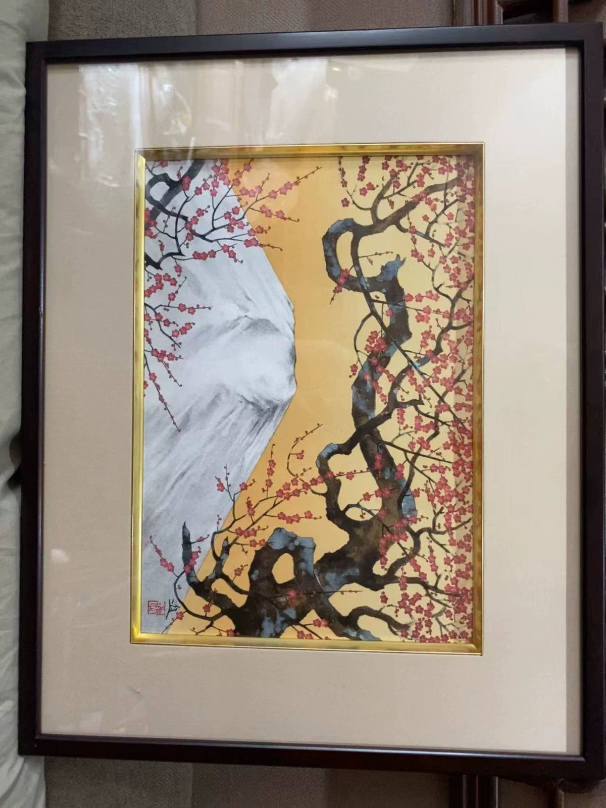 Susumu Maki – Yūkyū Keifuku – Framed Fuji and Plum Screenprint – detail 3