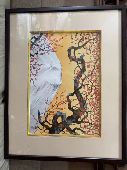 Susumu Maki – Yūkyū Keifuku – Framed Fuji and Plum Screenprint – detail 3