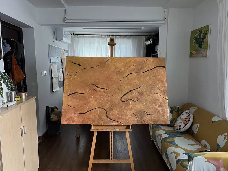 Hand-Painted Abstract Textured Canvas with Gold Leaf – 150 × 100 cm
