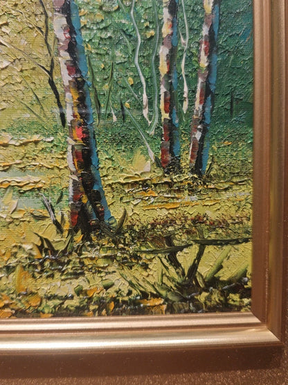 Birch Trees beside Water – Framed Oil Painting
