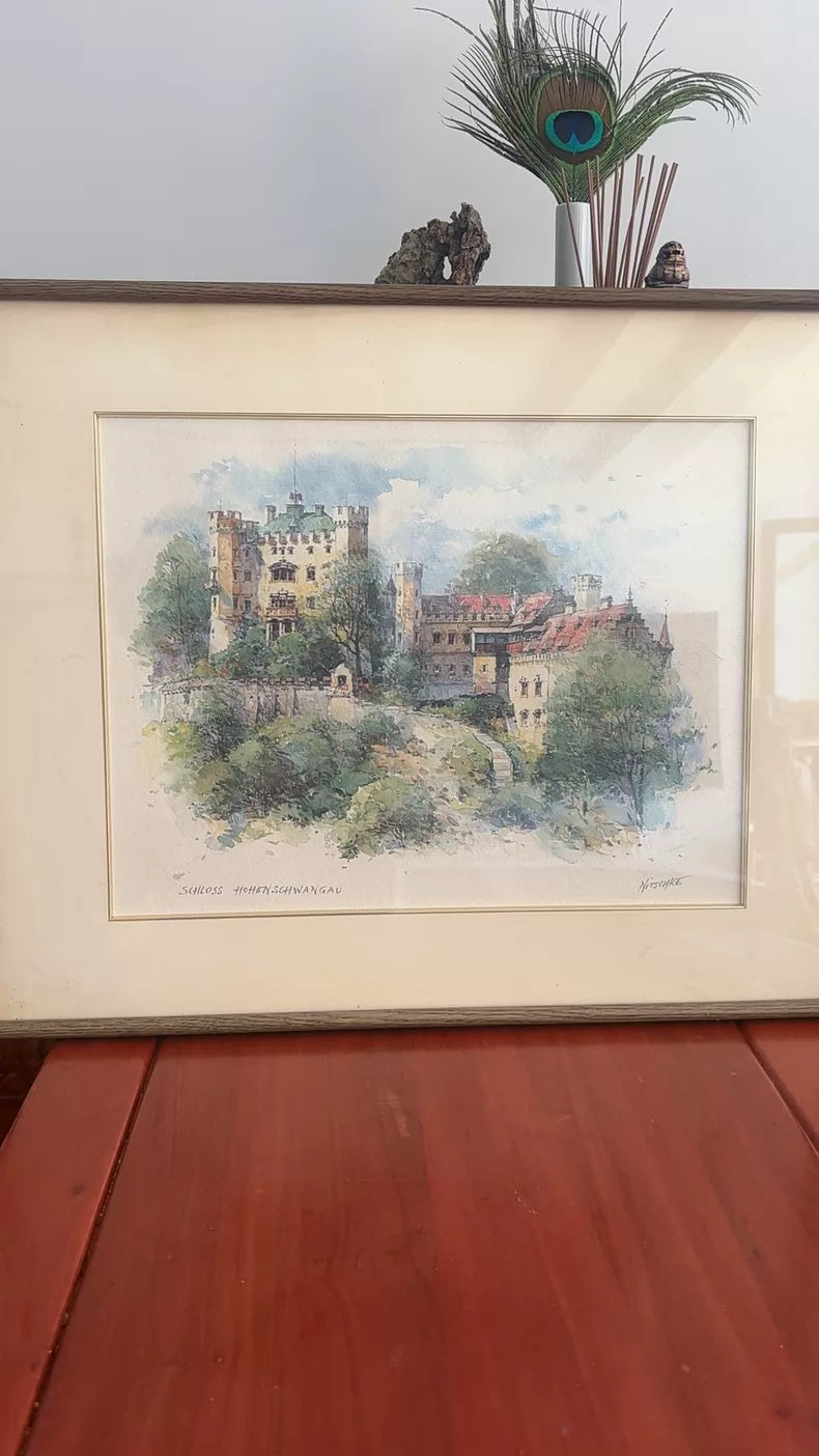 Signed Neuschwanstein Castle Watercolor Lithograph – c. 1980s