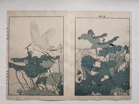 Keinen Kacho Gafu – Lotus and Egrets – 1892 Woodblock Diptych