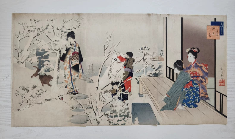Miyagawa Shuntei – Snow Viewing – 1898 Woodblock Triptych